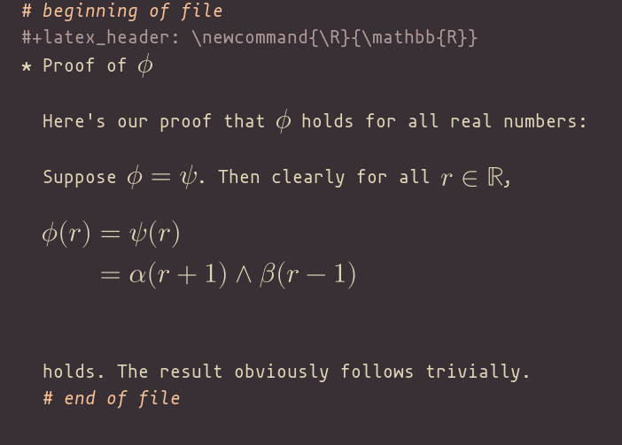 A screenshot of an Emacs buffer containing the previously described text. Images rendered by LaTeX have replaced the `\(\)` and environment snippets.